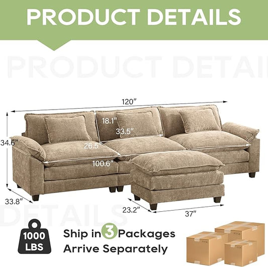 120" Modular Sectional Sofa, Comfy Cloud Couch Sectional Sofa with Ottoman, Chenille Sofa Sleeper Deep Seat Sofa with Throw Pillows for Living Room (Khaki, 120"- L Shape)
