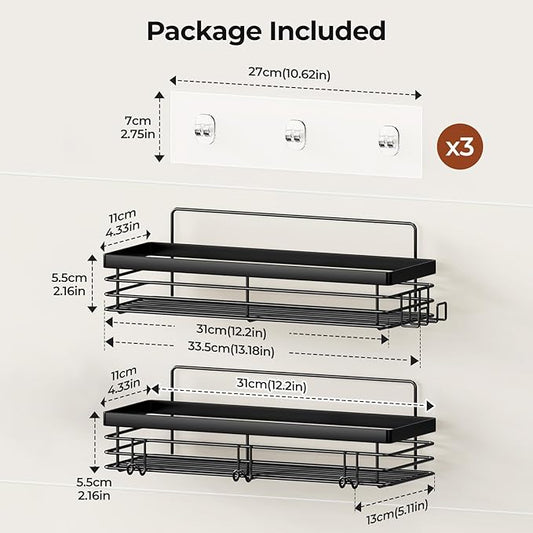 Orimade Shower Caddy with 5 Hooks for Hanging Razor and Sponge Adhesive Shower Shelf Basket Bathroom Storage Organizer Kitchen Rack No Drilling Stainless Steel Rustproof - 2 Pack,Black