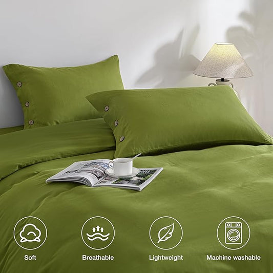 JELLYMONI Christams Pillowcases King Set of 2 Cotton Button Pillow Covers 20×36in Avocado Green Bed Pillow Cases 100% Washed Cotton Soft Breathable (Pillows are not Included)