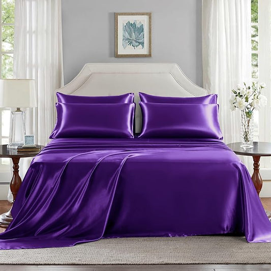 Satin Sheets King Size - 6 Pieces Luxury Silky Soft Bed Sheets, Wrinkle-Free Dark Purple Satin Silk Sheet Set with 1 Deep Pocket Fitted Sheet, 1 Flat Sheet, 4 Pillow Cases
