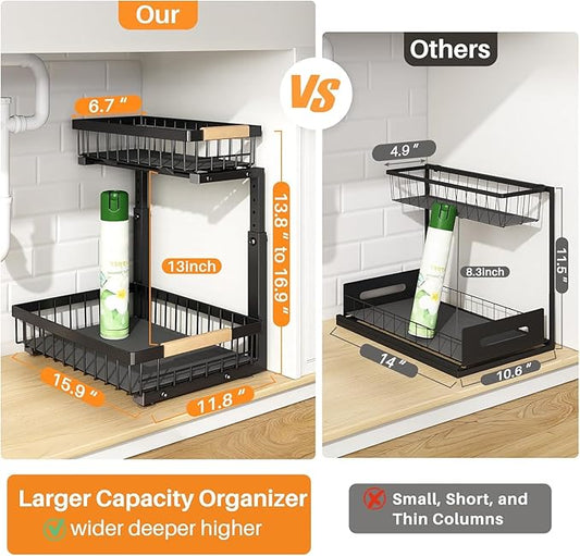 PXRACK 2 Pack Under Sink Organizer,Adjustable Height,2 Tier Pull Out Under Cabinet Organizer,Slide Out Thickened Metal Under Sink Storage for Kitchen Bathroom Laundry Cabinet Pantry,Black(L)