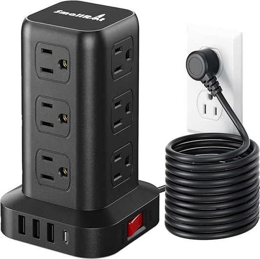 PD20W Surge Protector Power Strip Tower, 15FT Extension Cord with Multiple Outlets, 12 AC 4 USB (1 USB C),Mini Power Strip with USB Ports, Surge Protector Tower Overload Protection for Office, Desk