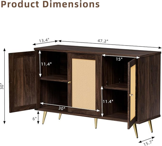 JAMFLY Buffet Cabinet With Storage, Kitchen Storage With 3 Rattan Decorated Doors, Accent Sideboard for Dining Room, Living Room, Entryway, Hallway, Walnut