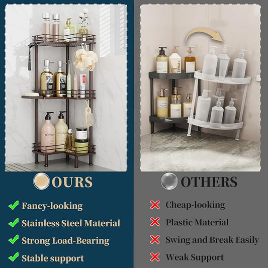 Consumest Corner Shower Caddy Standing - 3-Tier Stainless Steel Shower Organizer with Soap Holder and 4 Hooks, Large Capacity Corner Shelf Stand for Bathroom, Rest Room, Bronze