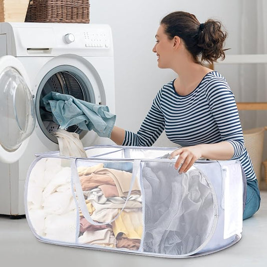 Durable Collapsible Foldable Mesh Pop Up Laundry Basket, 3 Compartments Easy to Carry & Sort Clothes Hampers for Home, Dorm, Travel White