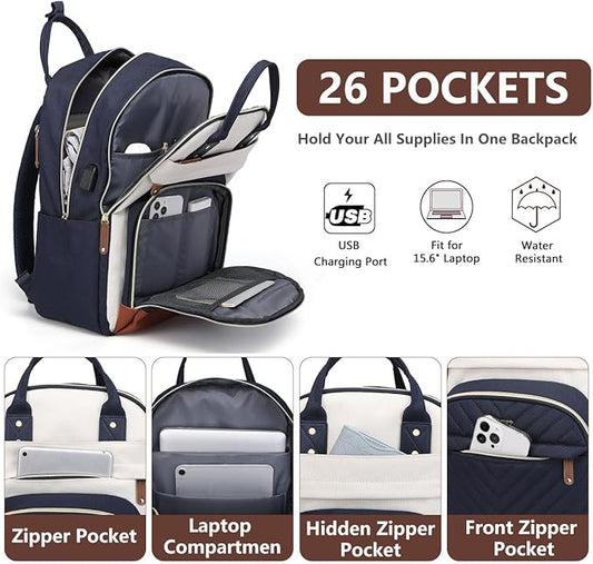 Laptop Backpack for Women Work Bookbag: 17.3 Inch College Backpacks with USB Charger School Book Bag Waterproof Travel Computer Back Pack Anti-Theft Casual Bookbags for Girls Teacher Nurse Navy Blue
