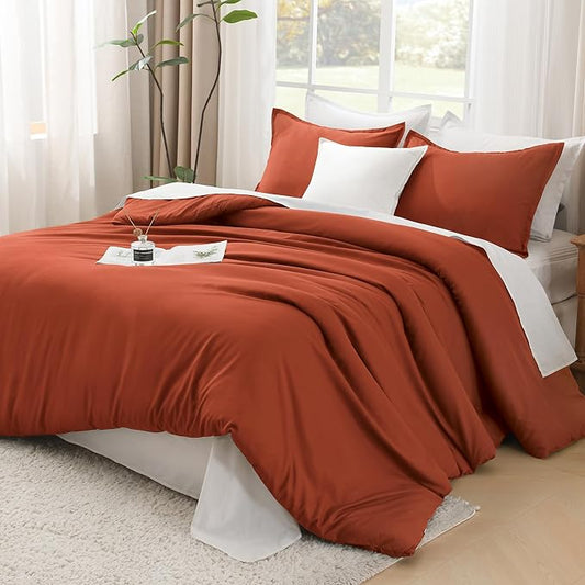 Litanika Comforter Set, Lightweight Solid Bedding Comforter Set, Fluffy Down Alternative Bed Set, Burnt Orange, Super King