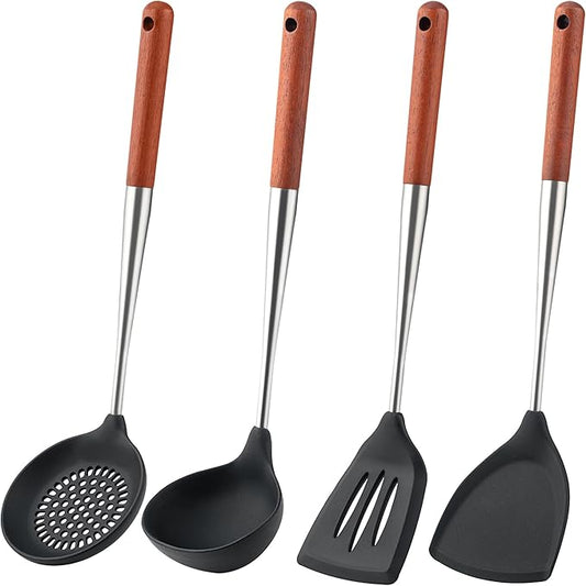 FJNATINH Silicone Spatula - Turner - Ladle - Skimmer Set Wok Utensil Set,Stainless Steel Non Stick Heat-Resistant Cooking Utensils BPA Free Kitchen Tools Cookware Wooden Handle, Pack of 4
