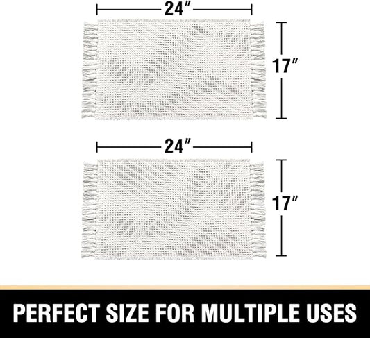 H.VERSAILTEX Waffle Bath Mat Super Absorbent Boho Bath Mat Non Slip Bath Rugs for Bathroom Floor Machine Washable Dry Fast Bathroom Rugs with Tassels (17 x 24 Plus 17 x 24 Inches, Ivory White)