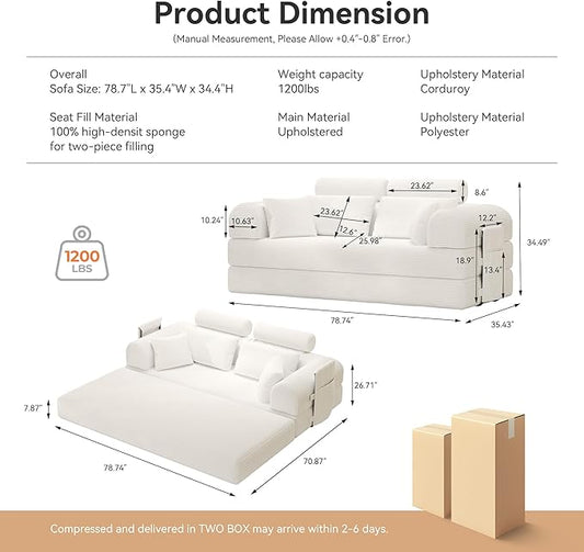 Upgrade High Backrest Design Sofa Bed with Fixed-Shape Frame & Removable Armrests and Backrest, Corduroy Fabric, Convertible Mattress Couch for Small Spaces - No Assembly Neede (High Backrest Beige)