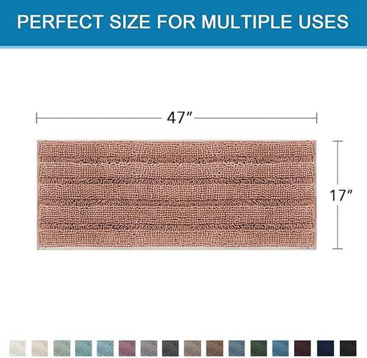 H.VERSAILTEX Bath Rugs for Bathroom Non Slip Bath Mats Extra Thick Chenille Striped Bath Rug Runners 47" x 17" Absorbent Fluffy Soft Shaggy Mats Dry Fast Plush Area Carpet for Bath Room - Muted Clay