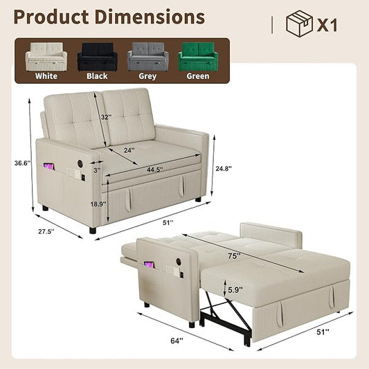 3 in 1 Convertible Sleeper Sofa Bed, Pull Out Couch with Charging Station, Corduroy Small Loveseat Sleeper Sofa with Adjustable Backrest for Apartment, Bedroom, Small Space(White)