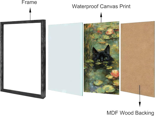 Monet Prints Vintage Cat Wall Art Print Cat In Water Lilies Posters Retro Canvas Art Wall Decor Picture For Bedroom Dorm Bathroom Wall Decor Aesthetic Home Artwork 8" × 10" With Framed