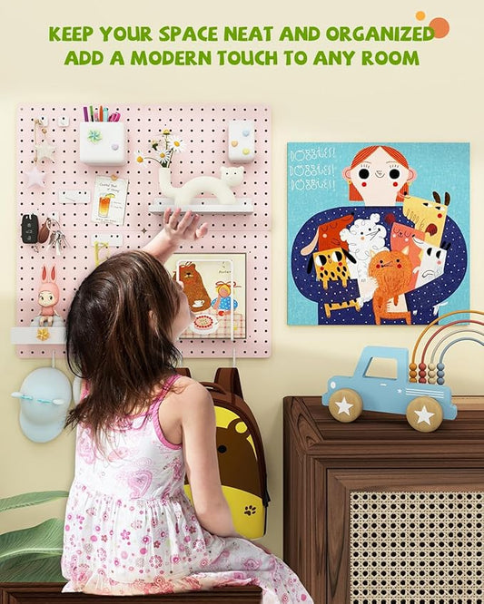 Metal Pegboard Combination Kit — 4 Carbon Steel Pegboards with 26 Accessories, Pegboard Wall Organizer for Home, Office, Study Room, Kitchen, Garage & Craft Room — 24″ × 24″ Pink Peg Board