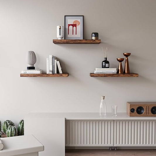 Floating Shelves for Wall Set of 3, 16" Rustic Brown Floating Shelves, Home Decor, Frame Display Wall Shelf for Bedroom, Kitchen, Bathroom, Living Room
