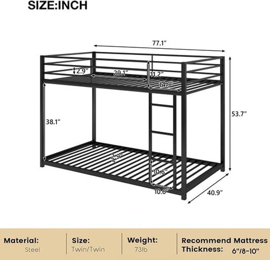Twin Over Twin Bunk Bed, Low Bunk Bed with Ladder, Metal Bunk Bed with Guardrails, Heavy Duty Metal Bunk Bed Frame for Kids, Boys, Girls, Teens, Noisy Free, No Box Spring Needed, Black