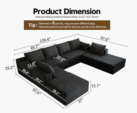 139.4" Modular Sectional Sofa Couch, Oversized U-Shaped Minimalist Couches with 2 Ottomans Chaise and 2 Middle Seats, Modern Deep Seat Cloud Plush Corduroy Sofas Set for Living Room, 8 Seater, Black