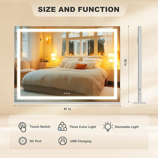 Hasipu Vanity Mirror with Lights, 42" x 30" LED Makeup Mirror, Lighted Makeup Mirror with Dimmable 3 Modes, Touch Screen Control Vanity Mirror Square White