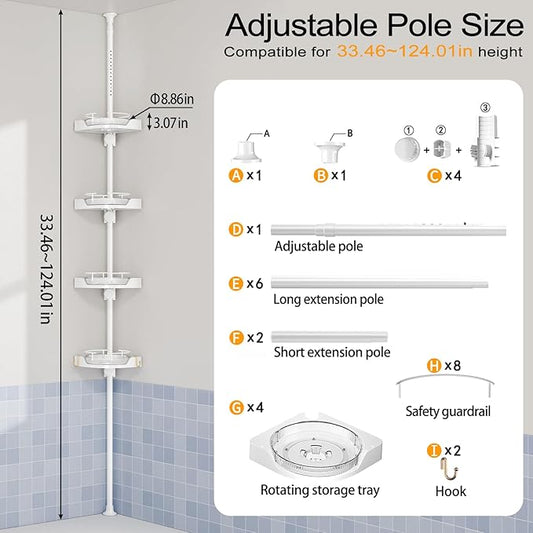 360° Rotating Corner Shower Caddy Tension Pole Organizer - 4-Tier Adjustable Rustproof Metal Pole, Plastic Shelves with Safety Guardrail, Bathroom Storage for Shower & Bathtub(White)