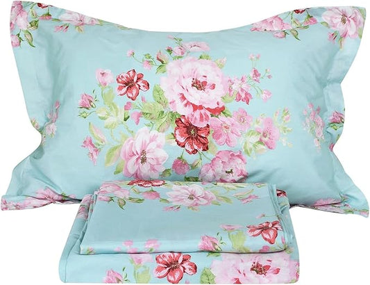 FADFAY Shabby Pink Floral Bed Sheet Set 100% Cotton Deep Pocket 4-Piece Twin Size