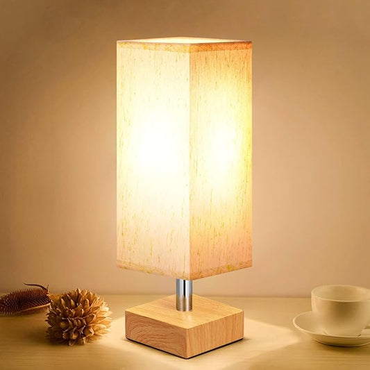 aooshine Wood Grain Table Lamp for Bedroom - Bedside Lamp for Nightstand, Minimalist Night Stand Light Lamp with Square Fabric Shade, Desk Reading Lamps for Kids Room Living Room Office Dorm