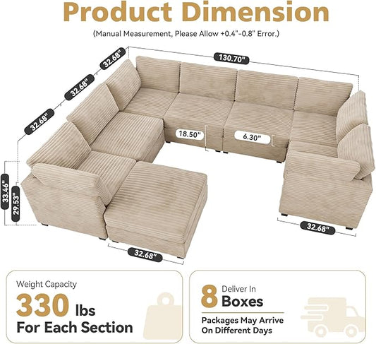 Large 8 Seat Modular Sectional Sofa with Ottoman Seat Corduroy Sleeper Sectional Sofa Bed Oversized Convertible Modular Couch for Living Room