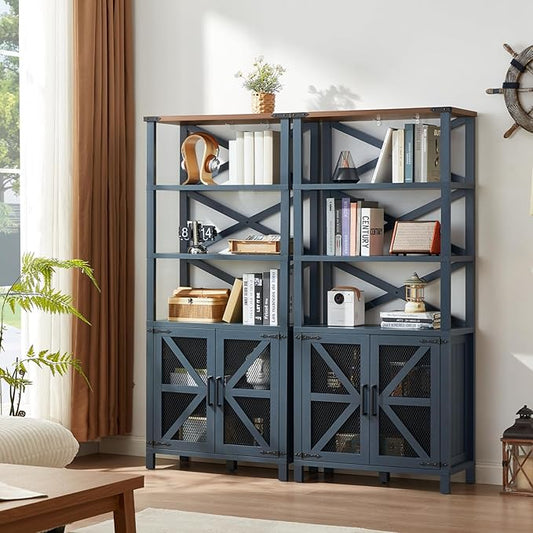 5 Tier Bookshelf 70" Tall Bookcase with Barn Doors,Large Farmhouse Display Book Shelf with Adjustable Shelves and Storage Cabinet,Library Wood Bookshelves for Living Room,Kitchen,Navy Blue
