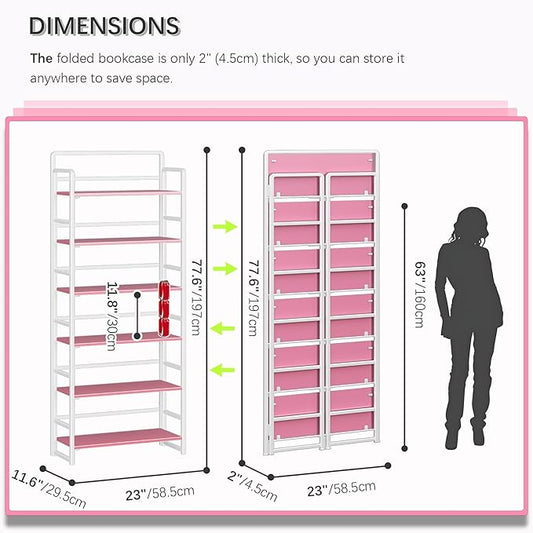 4NM No Assembly 6 Tiers Folding Bookshelf Storage Shelves Vintage Bookcase Standing Racks Study Organizer Home Office (Pink White)