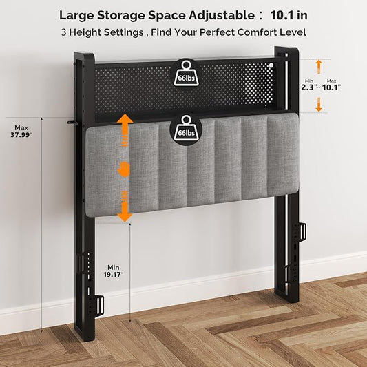 VINGLI Twin or Twin XL Size Headboard, Adjustable Upholstered Headboard with 2 Tier Shelves and Pegboard with Charging Stations and LED Lights, Modern Bed Headboard with Storage for Bedroom Decor
