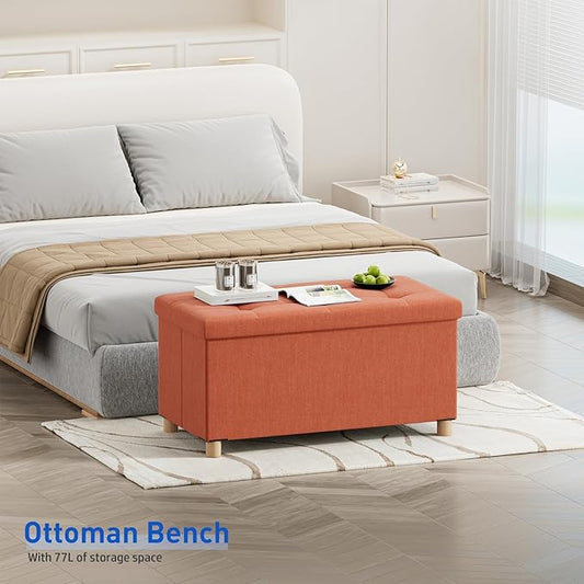 BRIAN & DANY 30 Inches Folding Storage Ottoman Bench, Ottoman with Storage Bench for Bedroom, Living Room, Entryway, Foot Rest with Legs, Orange