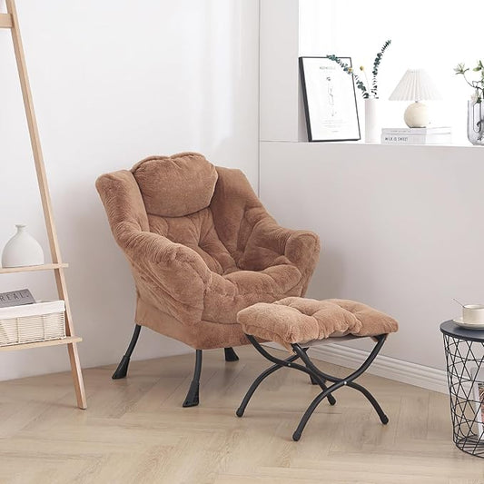 Cozy Lazy Chair and Ottoman, Large Contemporary Accent Lounge Chair Set, Leisure Upholstered Reading Armchair for Bedroom, Living Room, Dorm Rooms, Office