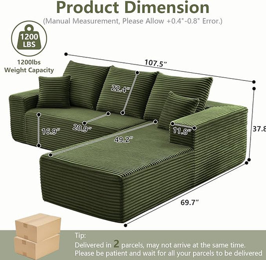 107" Cloud Sectional Couch with L-Shape Chaise, Modern Modular Comfy Sofa Chaise Longue, Upholstered Corduroy Couches Sleeper with Deep Seat for Living Room Bedroom, No Assembly Required, Green