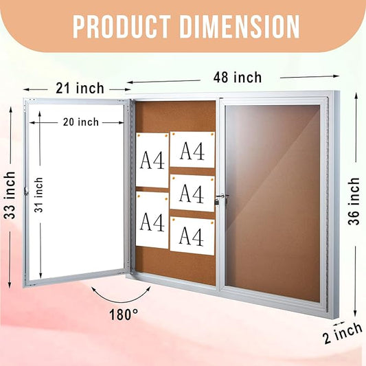 Enclosed Cork Bulletin Board 48"x36" Outdoor Weatherproof Cork Noticeboard with Locking Door Wall-Mounted Silver Aluminium Frame for Home, School, Office, Community, Hospital