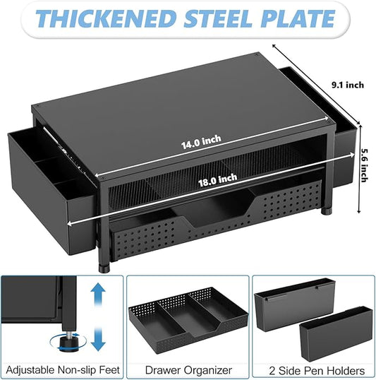 OPNICE Desk Organizer and Accessories, 2-Tier Computer Monitor Stand Riser with Drawer and 2 Pen Holders, Laptop Stand, Office Desk Accessories for Office Supplies, Black – Hot Seller 2Pack