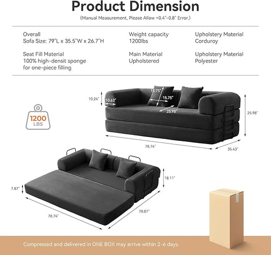 Convertible Sleeper Bed with Cylindrical Pillow, Comfy Foldable Bed Compressed Sofa in Box, Floor Sofa Lounge Couch for Living Room Bedroom Lounge Studio, Tool-Free Assembly (Black)