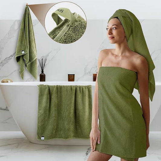 SEMAXE Green Bathroom Towel, 100% Cotton Bath Towel with Hanging Loop and Smart Tag, Hotel & Spa Quality Soft Absorbent Towel, Gift Box Packaging, 1 Pc Bath Towel, 55" L x 27" W