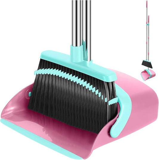 Broom and Dustpan Set, 52-in Long Adjustable Handle Broom Dustpan Combo with Dust pan Teeth to Automatically Clean Hair Suitable for Home Kitchen Office Hall Floor(Pink&Blue)