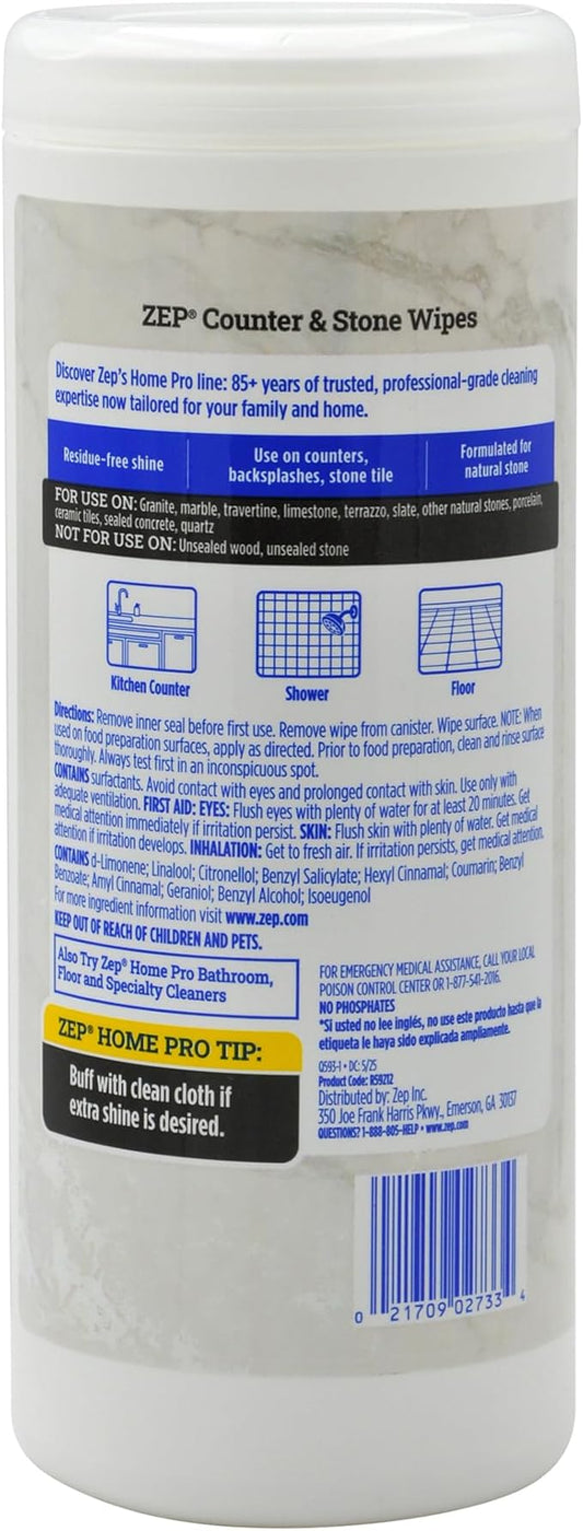Zep Home Pro Counter & Stone Wipes 50 count - R59212 - Streak-free daily clean for grime, spots and spills