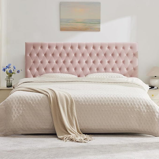 Kingfun Upholstered Queen Headboard Only, Premium Velvet Button Tufted Headboards, Adjustable Solid Wood Head Board, Padded Headboard with Solid Wood Legs in Bedroom (Pink)