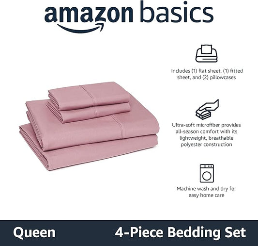 Amazon Basics Lightweight Microfiber 4-Piece Bed Sheet Set, Rose, Solid, Queen AmazonBasics