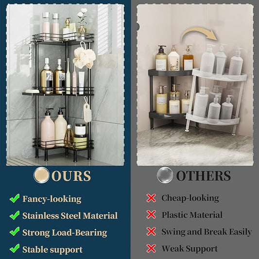 Consumest Corner Shower Caddy Standing - 3-Tier Stainless Steel Shower Organizer with Soap Holder and 4 Hooks, Large Capacity Corner Shelf Stand for Bathroom, Rest Room, Black