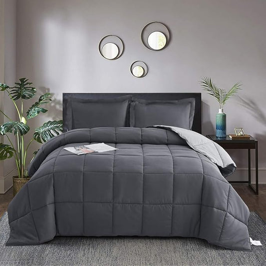 HIG 3 Pieces Grey California King Comforter Set, Modern Breathable Box Stitched Duvet Insert with 2 Shams, Soft Fluffy All Season Reversible Comforter Set Blanket with Corner Tabs for Bedroom