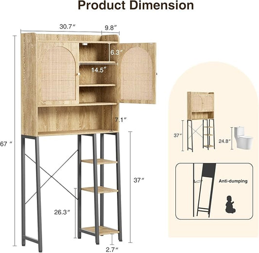 Rattan Over The Toilet Storage Cabinet with Adjustable Shelf and Large Space, Bathroom Organizers and Storage Over Toilet with Rattan Door, Metal Stand, Tall Storage Shelves Above Toilet, Natural