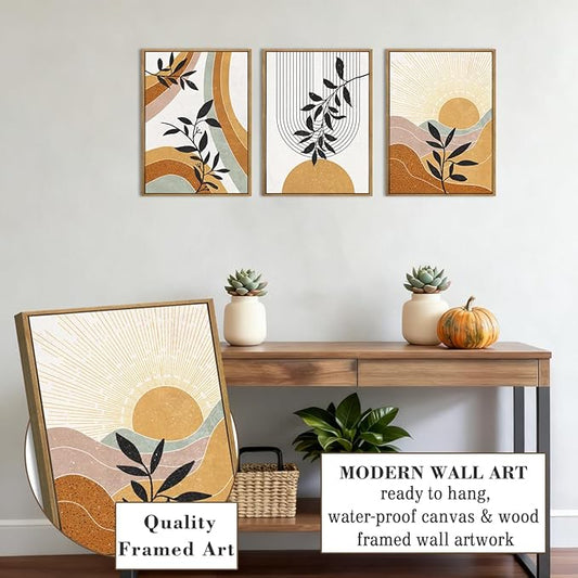 BINCUE Boho Line Wall Art Abstract Plant Wall Decor Mid Century Artwork for Living Room Bedroom Office 12"x16" Set of 3