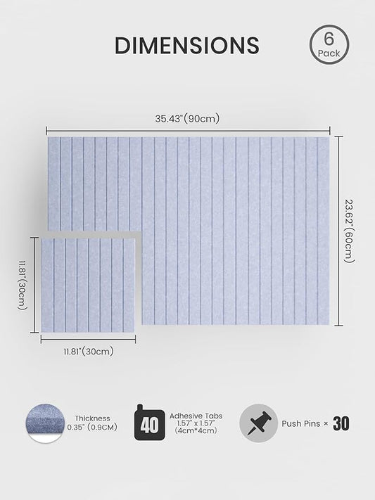 Bumusty Large Cork Board Alternative-36 x24 Felt Bulletin Board Tiles, with 30 Pushpins, 40 Adhesive Tabs, 6-Pack Slat Wall Paneling, Cork Boards for Office Push Pin Board Felt Board-Soft Periwinkle