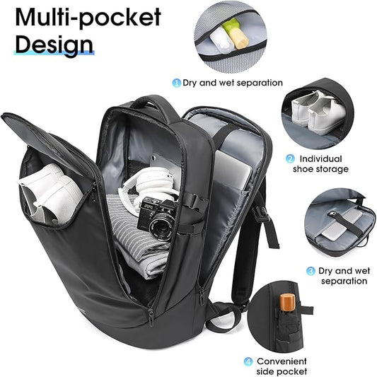 Travel Backpack for Women, Carry on Luggage 30L Flight Approved Water-resistant Lightweight Business Backpack Fits 17.3 Inch Laptop with Shoes Compartment, Black