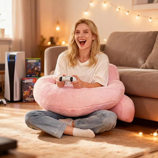 Reading Pillow for Bed,U Shaped & Back Support Pillow for Bed,17" Backrest with Lumbar & Arm Support,Luxurious Faux Rabbit Fur,Gaming PillowFor Crochet/Reading/Watching TV,Pink