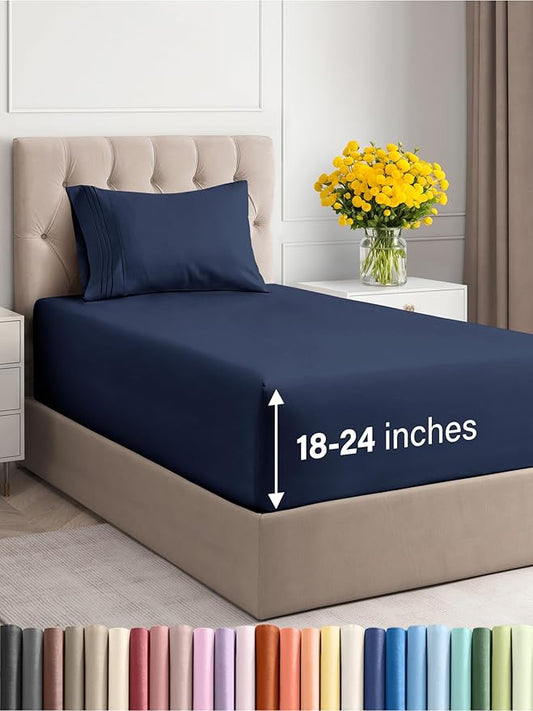 Extra Deep Pocket Twin Sheets - 3 Piece Breathable & Cooling Bed Sheets - Hotel Luxury Bed Sheet Set - Soft, Wrinkle Free & Comfy - Easily Fits Extra Deep Mattresses - Deep Pocket Navy Blue Sheets Set