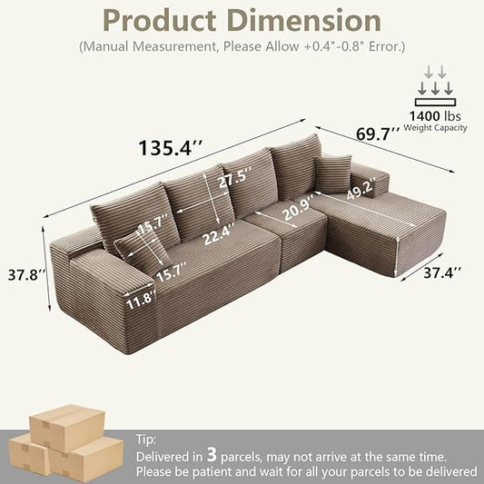 135" Cloud Sectional Couch with L-Shape Chaise, Modern Modular Comfy Sofa Chaise Longue, Upholstered Corduroy Couches Sleeper with Deep Seat for Living Room Bedroom, No Assembly Required, Camel