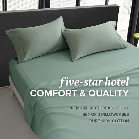 Beckham Hotel Collection 100% Cotton Pillow Cases Standard/Queen Size Set of 2, 500TC, Luxury Sateen Pillowcases, Open End, Breathable, Moisture-Wicking, Aqua Gray